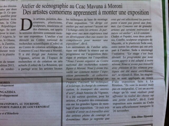 Seda, stage scénographie, Ccac-Mavuna, média Moroni nov 2014